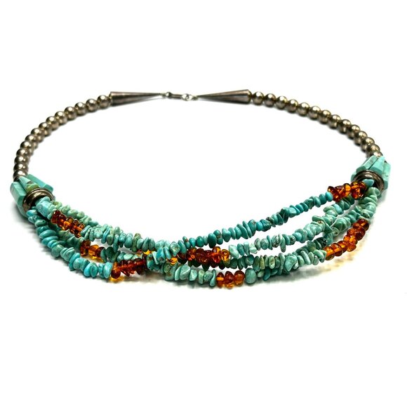 Vintage Navajo Four-Strand Turquoise and Amber Necklace w/Fluted Barrel Beads - Picture 7 of 14